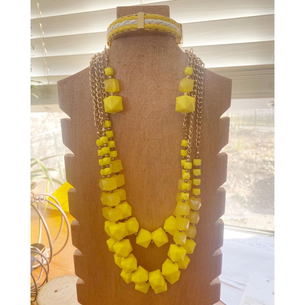 Vintage Yellow Chunky Triple Strand Bead Necklace, Bracelet and Drop Earrings
